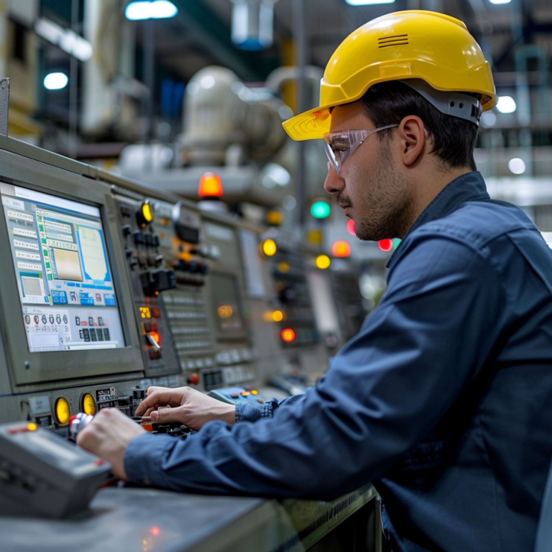 Een man van turkse achtergrond is aan het werk met een complexe machine in de productie.