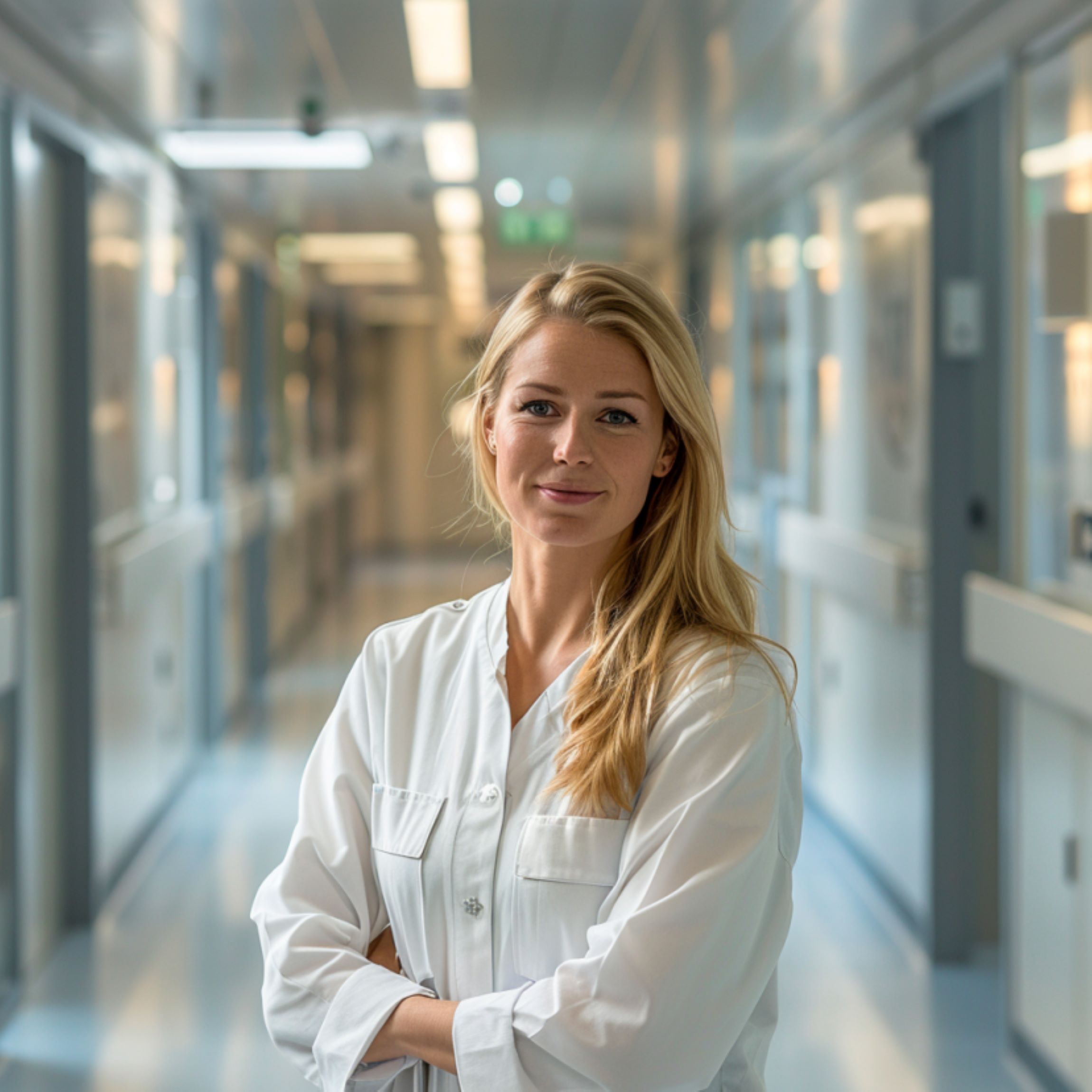 Blonde vrouw werkzaam in een ziekenhuis.