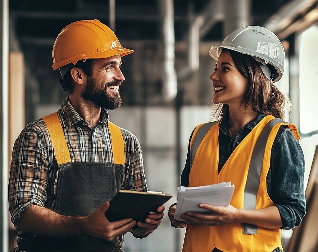 2 mensen zijn aan het praten en werken op de bouw.